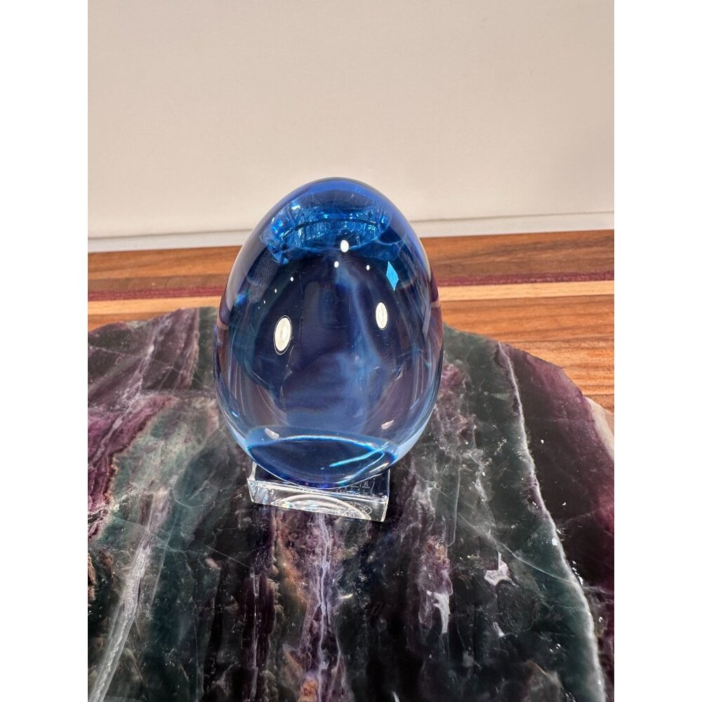 Baccarat Solid Blue Crystal Egg on Pedestal.